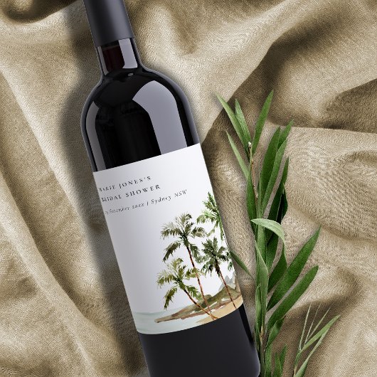 Rustikales Tropical Palm Tree Beach Sand Brautpart Weinetikett