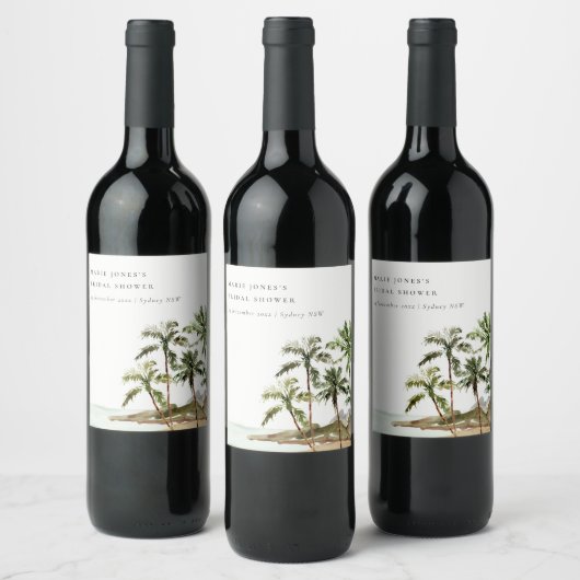 Rustikales Tropical Palm Tree Beach Sand Brautpart Weinetikett (Flaschen)
