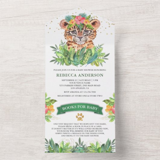 Rustikales Tropisches Jungle Safari Leopard Babydu All In One Einladung (Innen Boden)