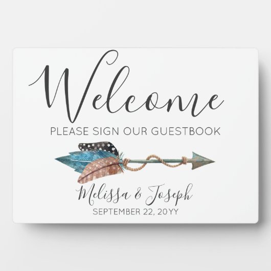 Rustikales Türkis Boho Arrow Willkommen Gästebuchs Fotoplatte (Vorderseite)