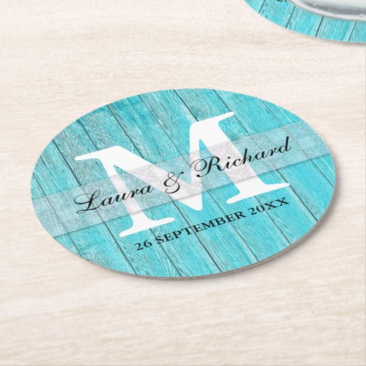Rustikales Türkis-Holz-Country-Hochzeitsmonogramm Runder Pappuntersetzer (Angewinkelt)