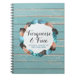 Rustikales Türkis-Holz u. Feder-Kranz Boho Chic Notizblock