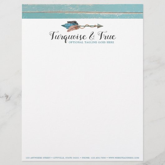 Rustikales Türkis-Holz-u. Feder-Pfeil Boho Chic Briefbogen (Vorderseite)