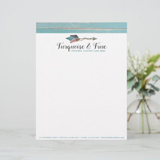 Rustikales Türkis-Holz-u. Feder-Pfeil Boho Chic Briefbogen (Stehend Vorderseite)