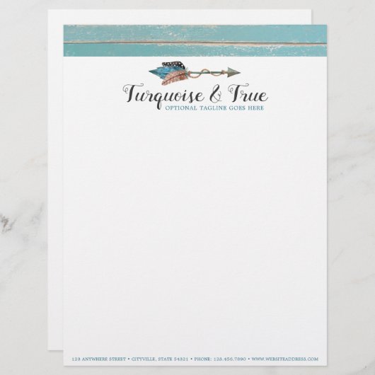 Rustikales Türkis-Holz-u. Feder-Pfeil Boho Chic Briefbogen (Vorne/Hinten)