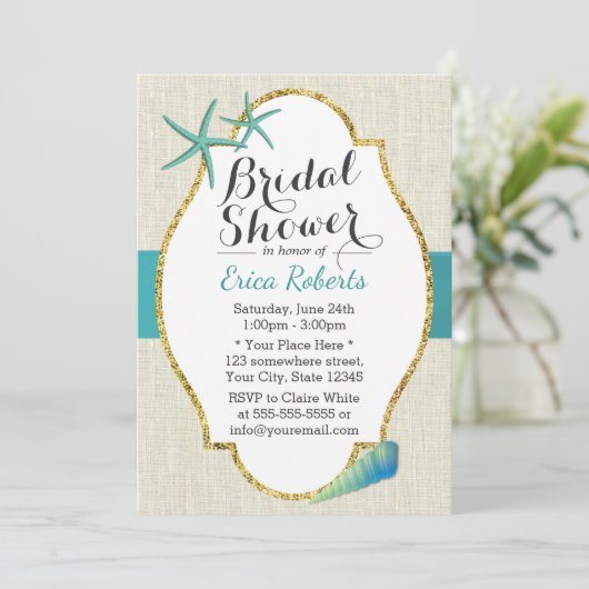 Rustikales türkisfarbenes Beach Seashells Brautpar Einladung (Stehend Vorderseite)