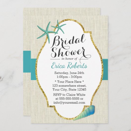 Rustikales türkisfarbenes Beach Seashells Brautpar Einladung (Vorne/Hinten)