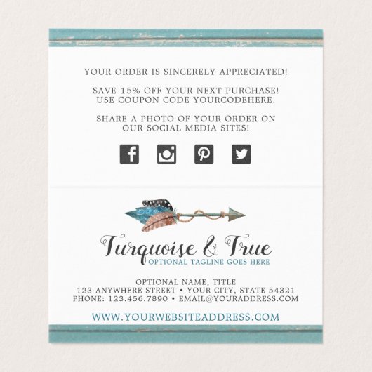 Rustikales türkisfarbenes Holz & Feather Arrow Vie (Innenseite Aufgefaltet)