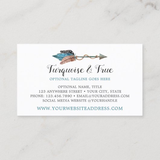Rustikales türkisfarbenes Holz und Feather Arrow B Visitenkarte (Rückseite)