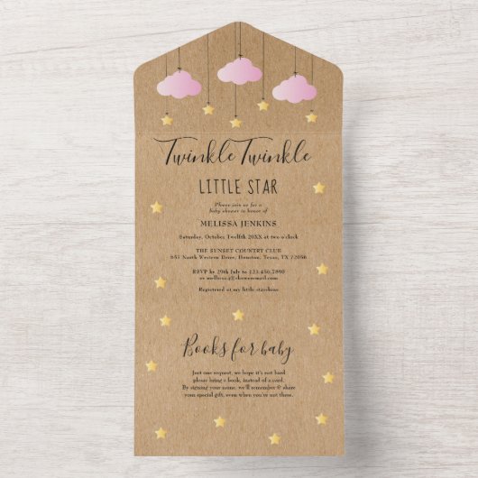 Rustikales Twinkle Twinkle Pink Clouds Kinderdusch All In One Einladung (Innen Boden)