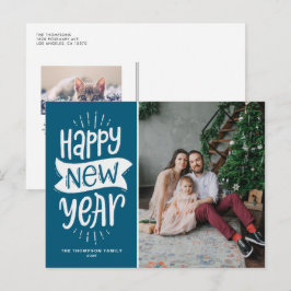 Rustikales Typografie Blauer Happy Neues Jahr Foto Feiertagspostkarte