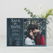 Rustikales und einfaches Foto | Blau Save the Date (Stehend Vorderseite)