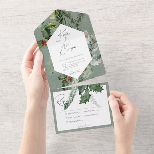 Rustikales Urlaubserlebnis Grün & Rote Berries Abe All In One Einladung (Abreißen)