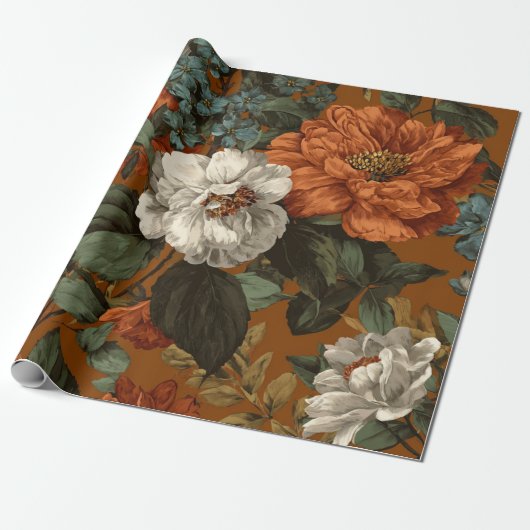Rustikales verbranntes Orange Grün Botanisches Flo Geschenkpapier (Ungerollt)