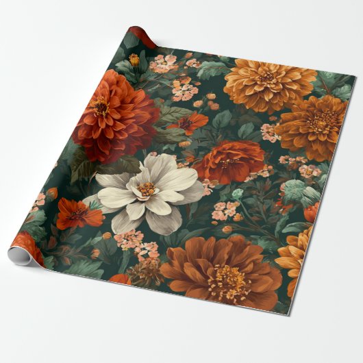 Rustikales verbranntes Orange Grün Botanisches Flo Geschenkpapier (Ungerollt)