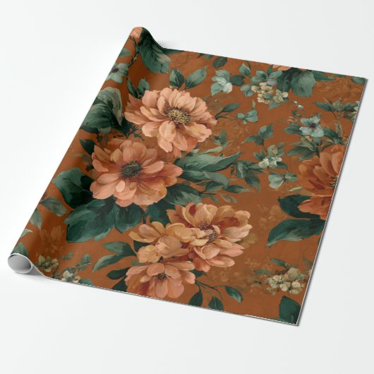 Rustikales verbranntes Orange Grün Botanisches Flo Geschenkpapier (Ungerollt)