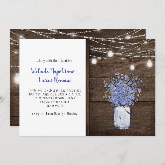 Rustikales Vergessen Me Nots Mason Jar String Ligh Einladung (Vorne/Hinten)