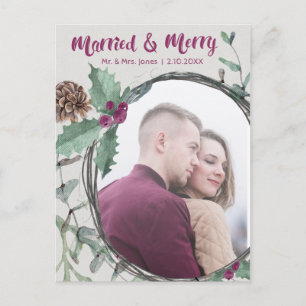 Rustikales Verheiratet & Merry Calligraphy Foto Feiertagspostkarte