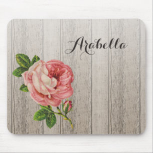 Rustikales, verwittertes Holz mit Vintage-Rose und Mousepad