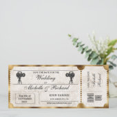 Rustikales Vintag Movie Ticket Save the Date Einladung (Stehend Vorderseite)