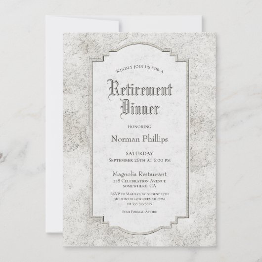 Rustikales Vintag Stone Retirement Dinner Einladung (Vorderseite)