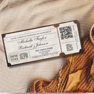 Rustikales Vintage-Kinobillett mit RSVP-QR-Code Einladung