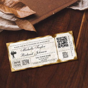 Rustikales Vintage-Kinobillett mit RSVP-QR-Code Einladung
