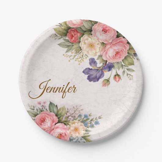 Rustikales Vintage-personalisiertes Blumenrosendes Pappteller (Vorderseite)
