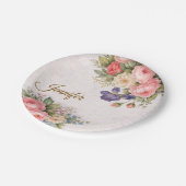 Rustikales Vintage-personalisiertes Blumenrosendes Pappteller (Schrägansicht)