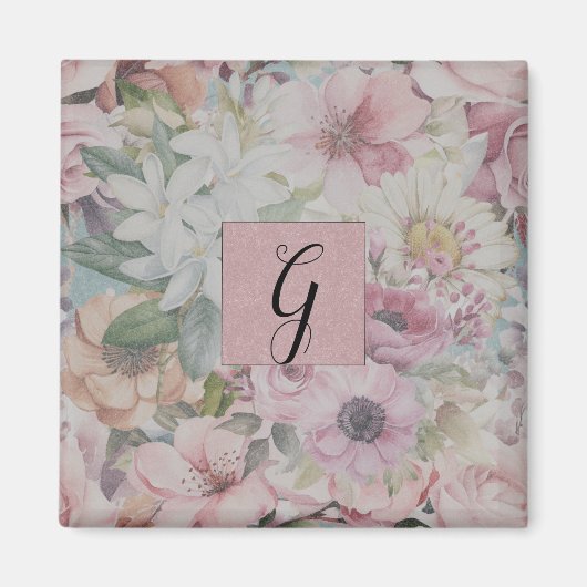 Rustikales Vintage-Rosa-Blumenmuster-Monogramm Magnet (Vorne)