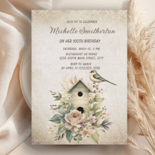 Rustikales Vintage-Vogelhaus Blumen 100. Geburtsta Einladung