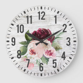 Rustikales Vintages Barholz Burgund Pink Floral Große Wanduhr