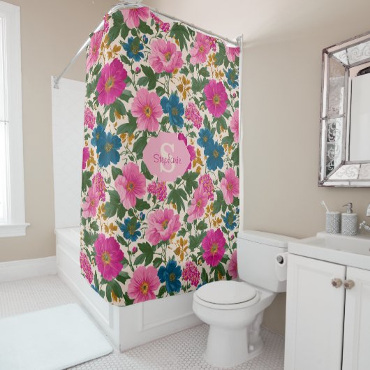 Rustikales Vintages Blau- und rosa Blumenmuster Duschvorhang (Beispiel)