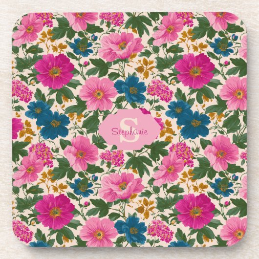 Rustikales Vintages Blau- und rosa Blumenmuster Getränkeuntersetzer (Vorderseite)