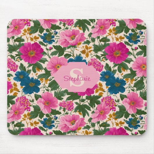 Rustikales Vintages Blau- und rosa Blumenmuster Mousepad (Vorne)