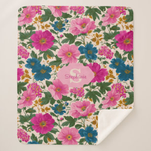 Rustikales Vintages Blau- und rosa Blumenmuster Sherpadecke