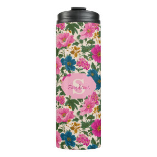 Rustikales Vintages Blau- und rosa Blumenmuster Thermosbecher
