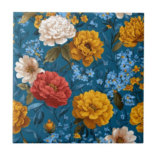 Rustikales Vintages Blumenmuster in blau Fliese (Vorderseite)