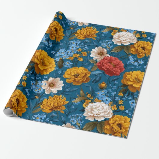 Rustikales Vintages Blumenmuster in blau Geschenkpapier (Ungerollt)