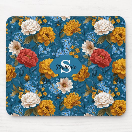 Rustikales Vintages Blumenmuster in blau Mousepad (Vorne)