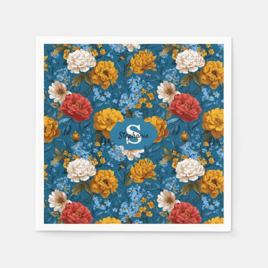 Rustikales Vintages Blumenmuster in blau Serviette (Vorderseite)