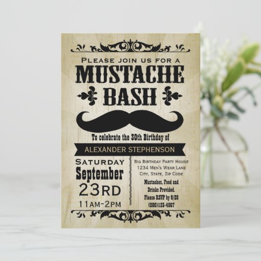 Rustikales Vintages Mustache Bash Party Einladung (Stehend Vorderseite)