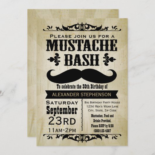 Rustikales Vintages Mustache Bash Party Einladung (Vorne/Hinten)