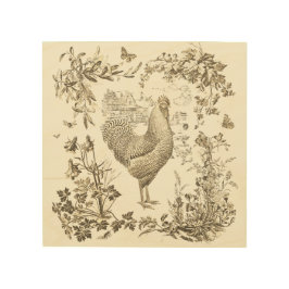 Rustikales Vintages Rooster Beige Blumentoile Holzdruck