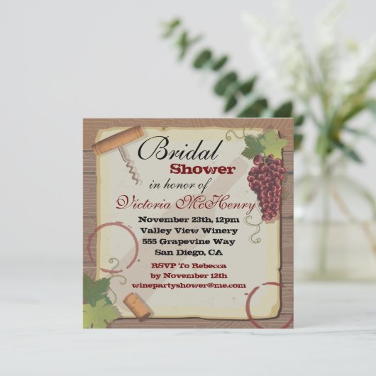 Rustikales Vintages Wein-Probieren-Brautparty Einladung (Stehend Vorderseite)