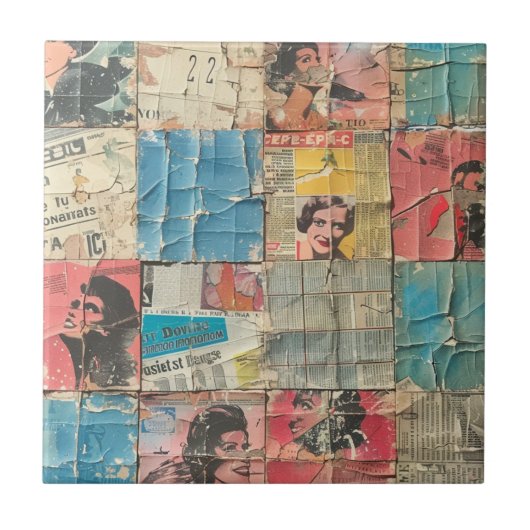 Rustikales Vintages Zeitungs-Patchwork-Collage (10 Fliese (Vorderseite)