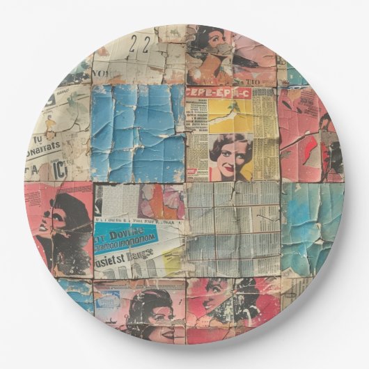 Rustikales Vintages Zeitungs-Patchwork-Collage (10 Pappteller (Vorderseite)