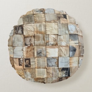 Rustikales Vintages Zeitungs-Patchwork-Collage (12 Rundes Kissen