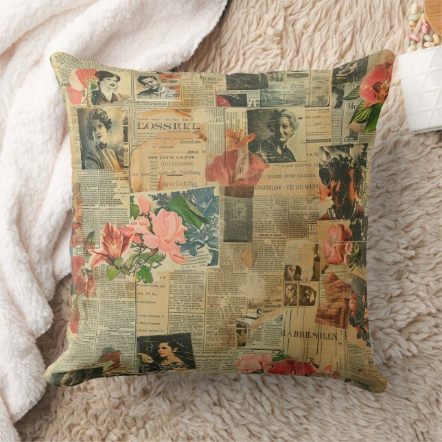 Rustikales Vintages Zeitungs-Patchwork-Collage (2) Kissen (Decke)