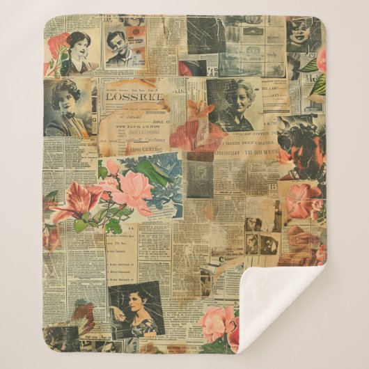 Rustikales Vintages Zeitungs-Patchwork-Collage (2) Sherpadecke (Vorderseite)
